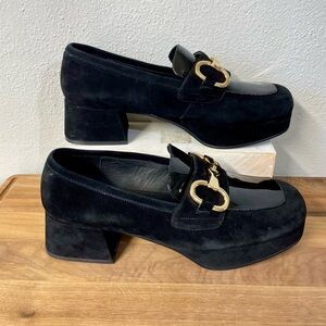 Jeffrey Campbell Suede Block Heel Loafers Gold Horsebit Hardware Size 9 Timeless